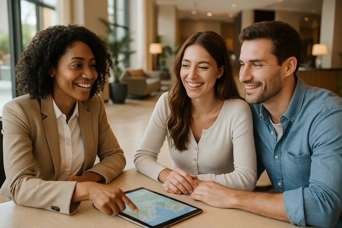 A travel concierge helping a couple at a bright desk