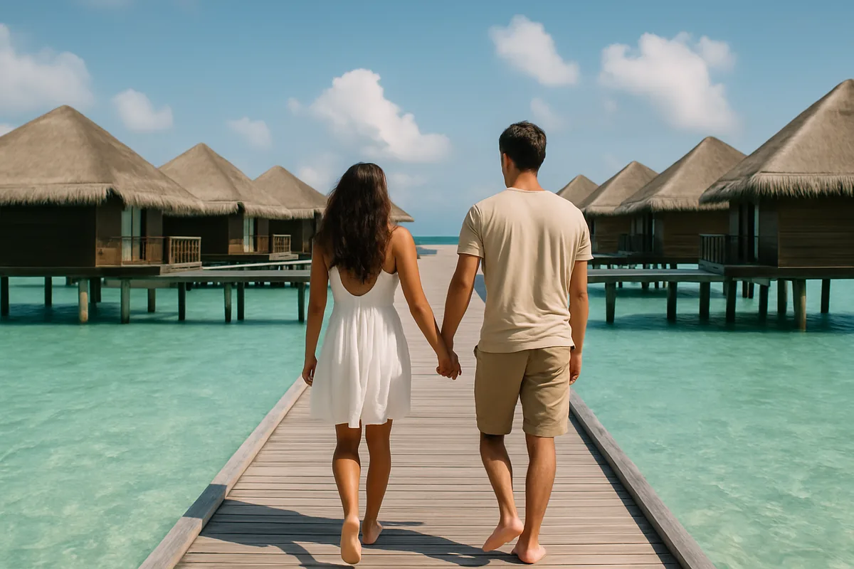 Overwater bungalows on a turquoise lagoon