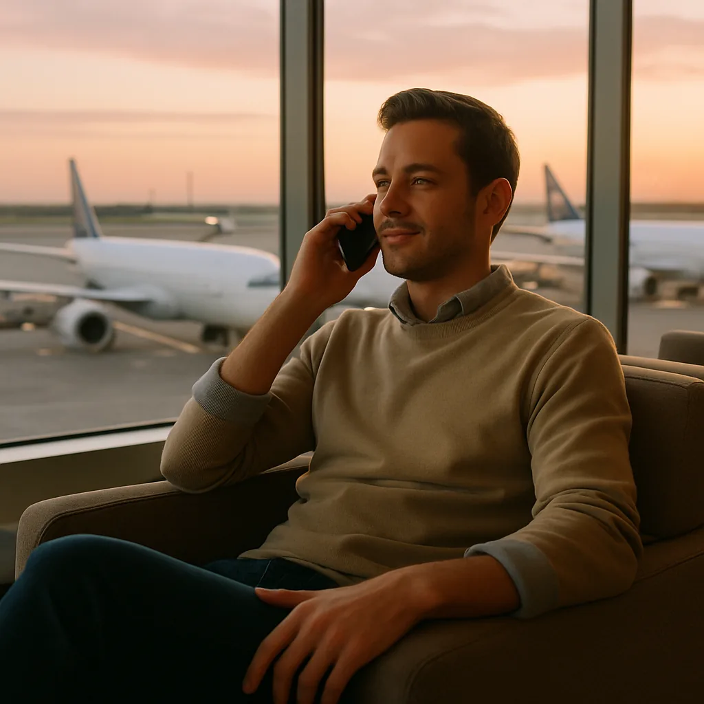 A traveler on the phone in an airport lounge at dusk