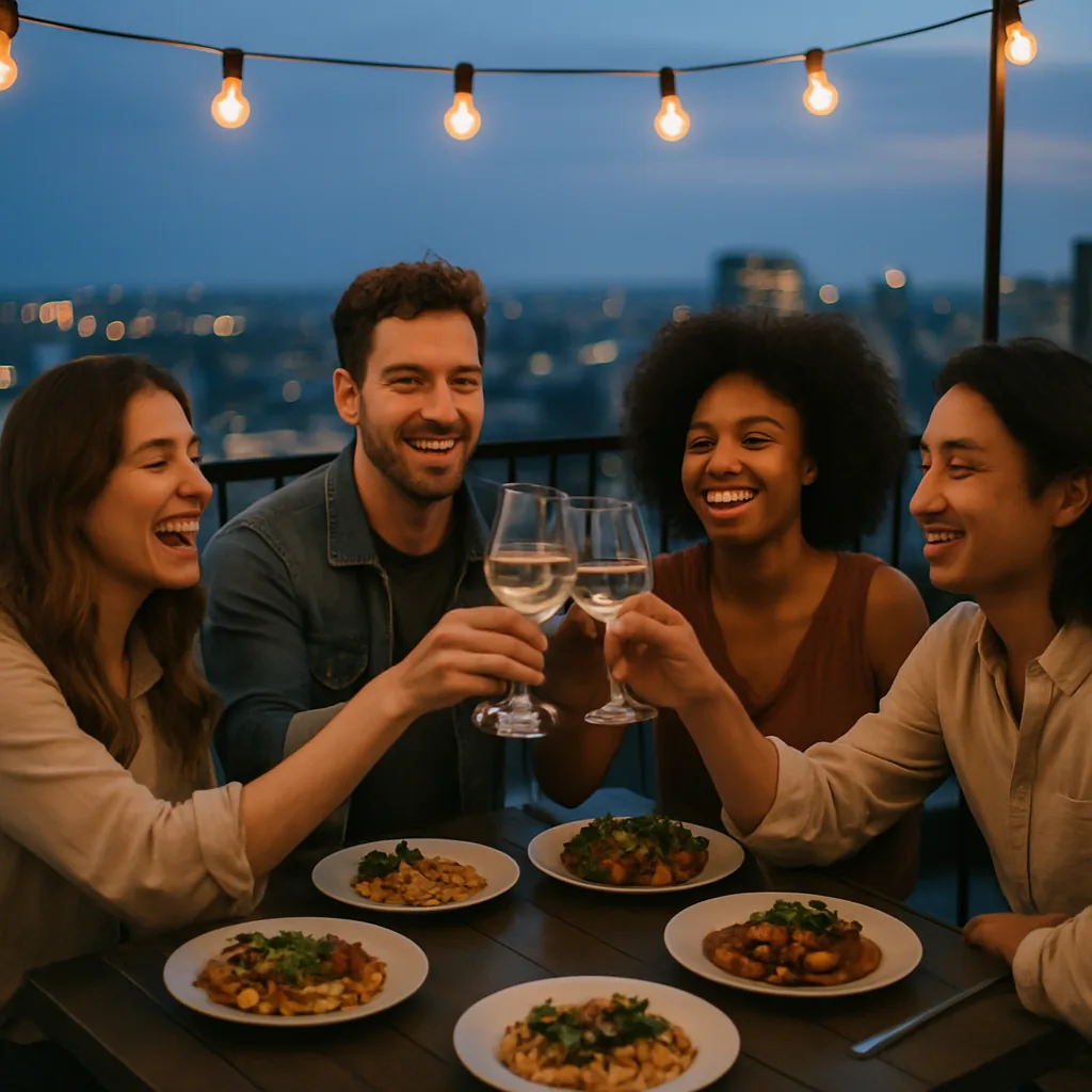 Friends toasting at a rooftop restaurant