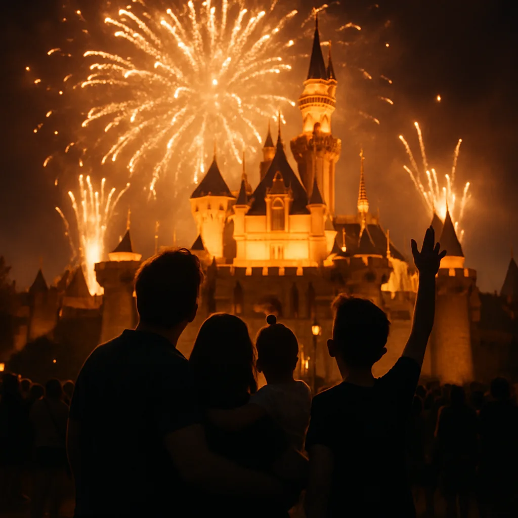 A family watching fireworks over a theme park at night