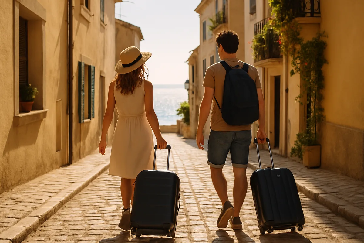 A couple with luggage walking a sunlit cobblestone street toward the sea