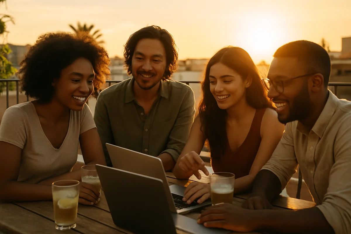 A group of friends planning together around a terrace table at sunset