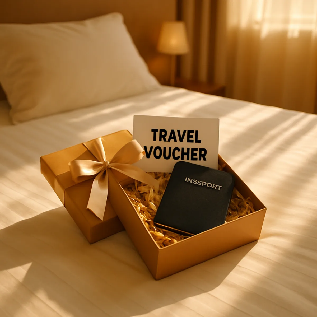 A gift box with a travel voucher and a passport on a hotel bed