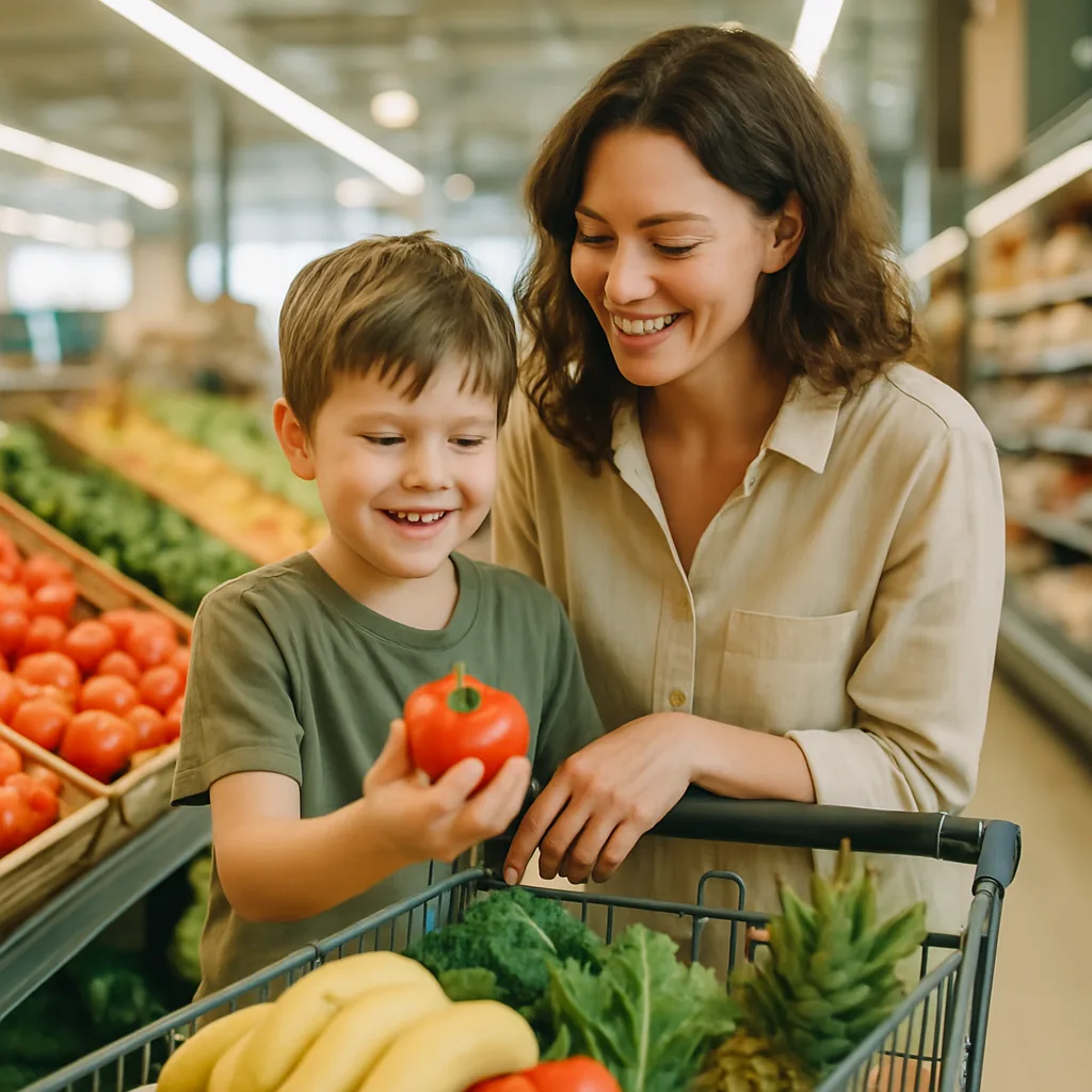 A mother and son choosing produce at a grocery store
