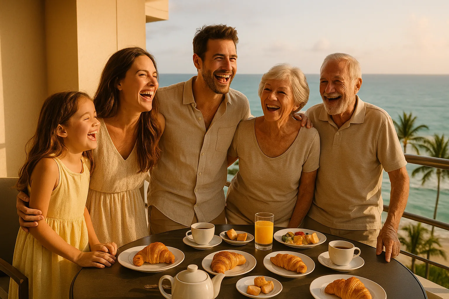 A family laughing over breakfast on the balcony of a beach resort suite at golden hour, the sea and palms behind them