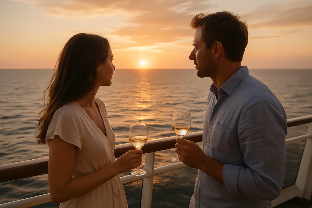 A couple on a cruise ship balcony at sunset