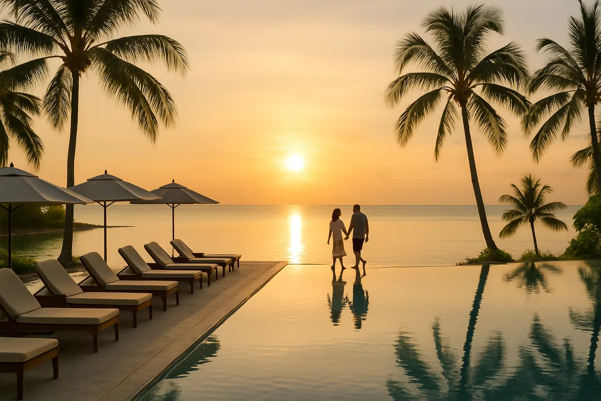 An infinity pool at a tropical resort at sunrise with a couple walking along its edge